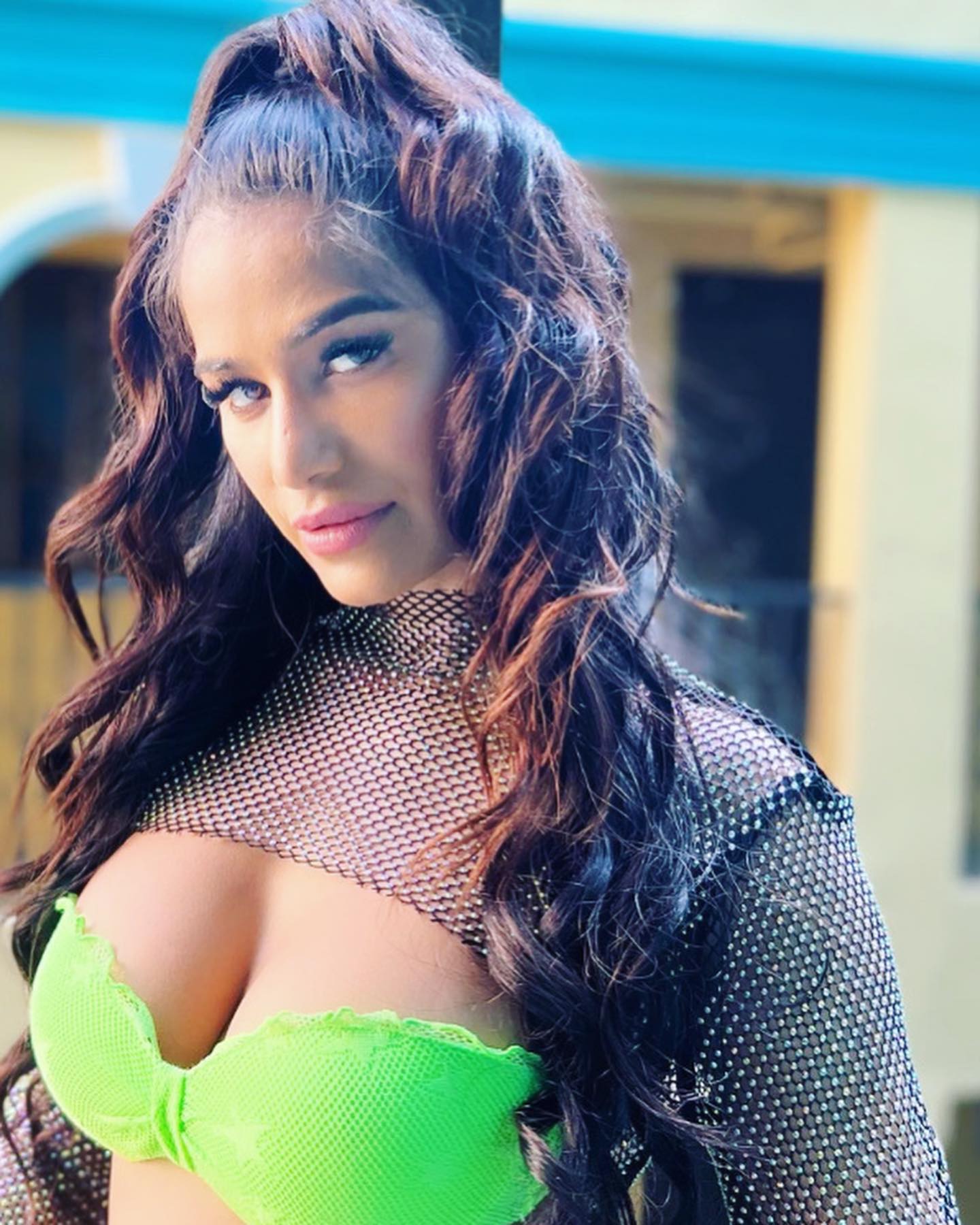Photo by Poonam Pandey on June 19 2023. May be an image of 1 person long hair makeup and fishnet stockings