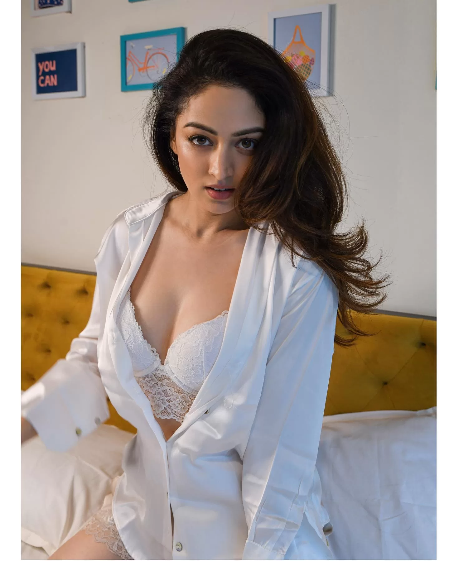 Photo shared by Sandeepa Dhar on July 28 2023 tagging @shazzalamphotography. May be an image of 1 person makeup sleepwear bath robe chemise bedroom and text that says you CAN jpg