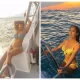 Photo by Salma Hayek Pinault on June 12, 2023. May be an image of 1 person, boat, snorkel, ocean, houseboat and text. COLLAGE